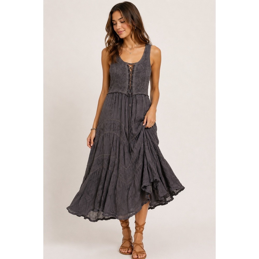 Scully Women's Boho Flowy Sz L Dress SiGray Sleeveless Lace Up Empire Waist